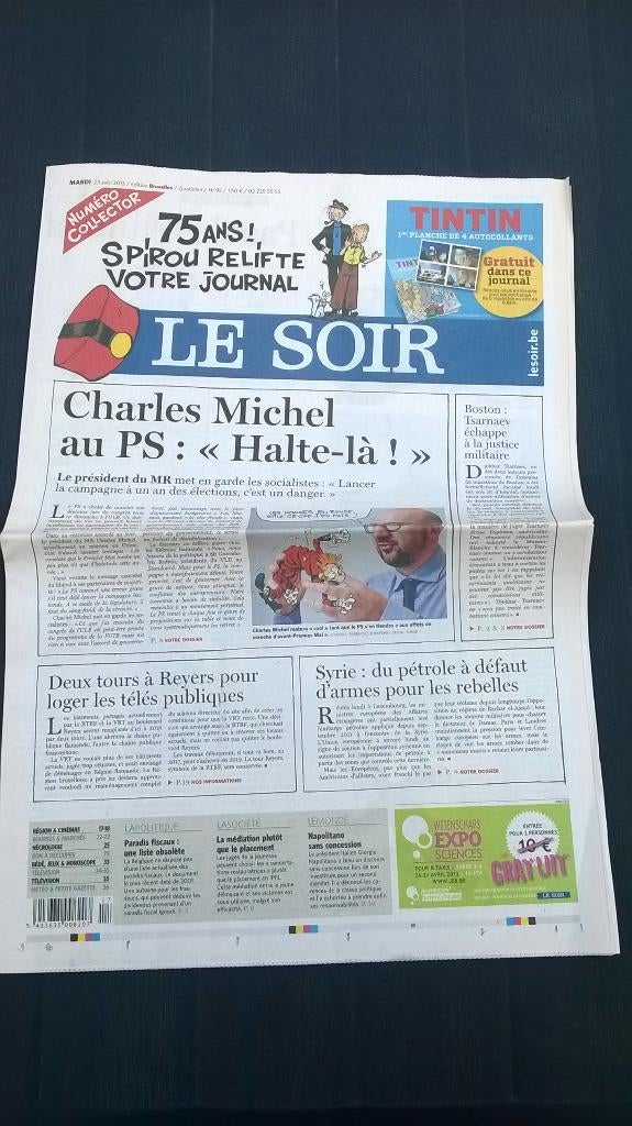 BD: Le Soir – Special 75 ans Spirou + autocollant Tintin, Livres, Neuf, Enlèvement ou Envoi, Une BD, Herge