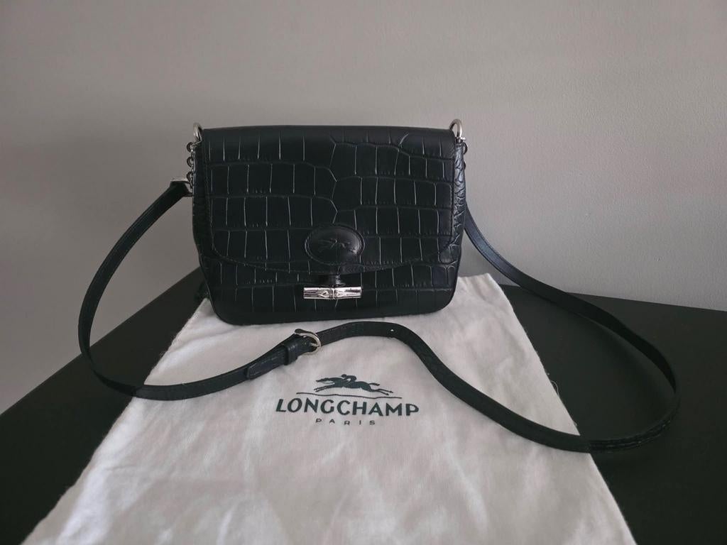 Zwarte LONGCHAMP Roseau handtas gemaakt van krokodillenleer, Enlèvement ou Envoi, Comme neuf, Noir, Sac à bandoulière