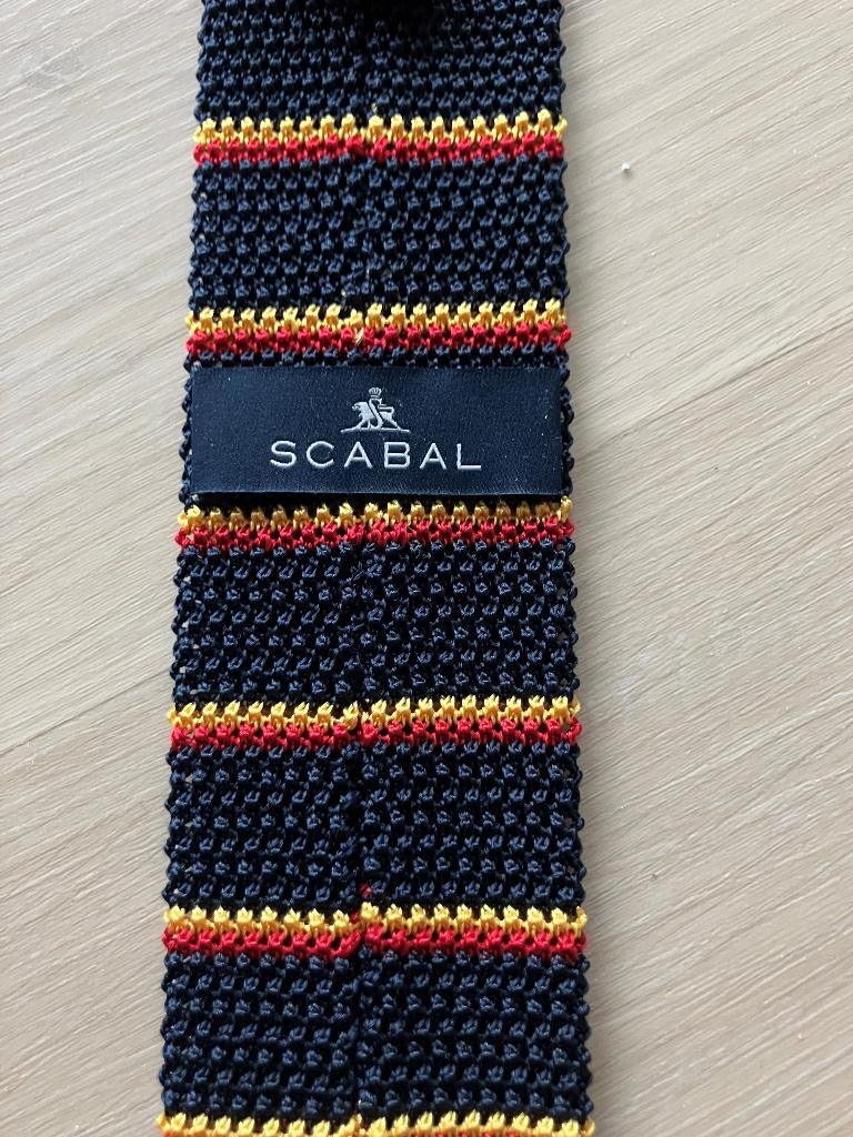 Scabal gebreide stropdas das zwart geel rood, Kleding | Heren, Ophalen of Verzenden, Zo goed als nieuw, Rood