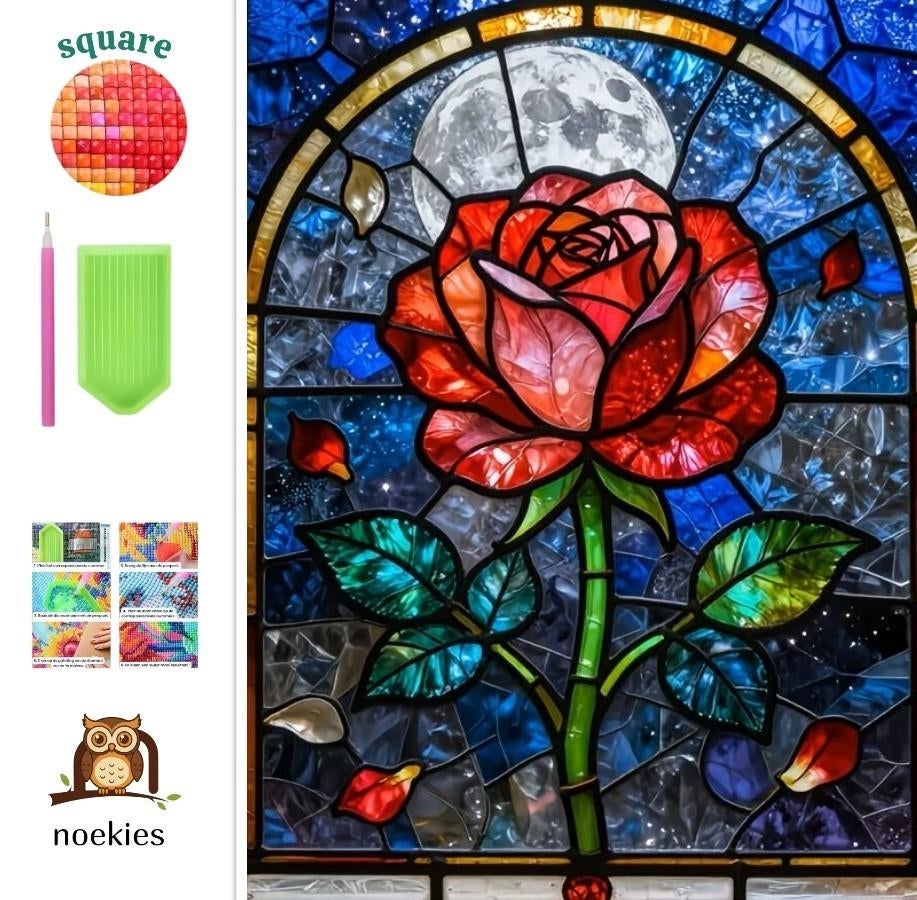 nr 68 Diamond Painting roos glas in lood 50x40cm (vierkant), Hobby en Vrije tijd, Knutselen, Ophalen of Verzenden, Nieuw, Knutselwerk
