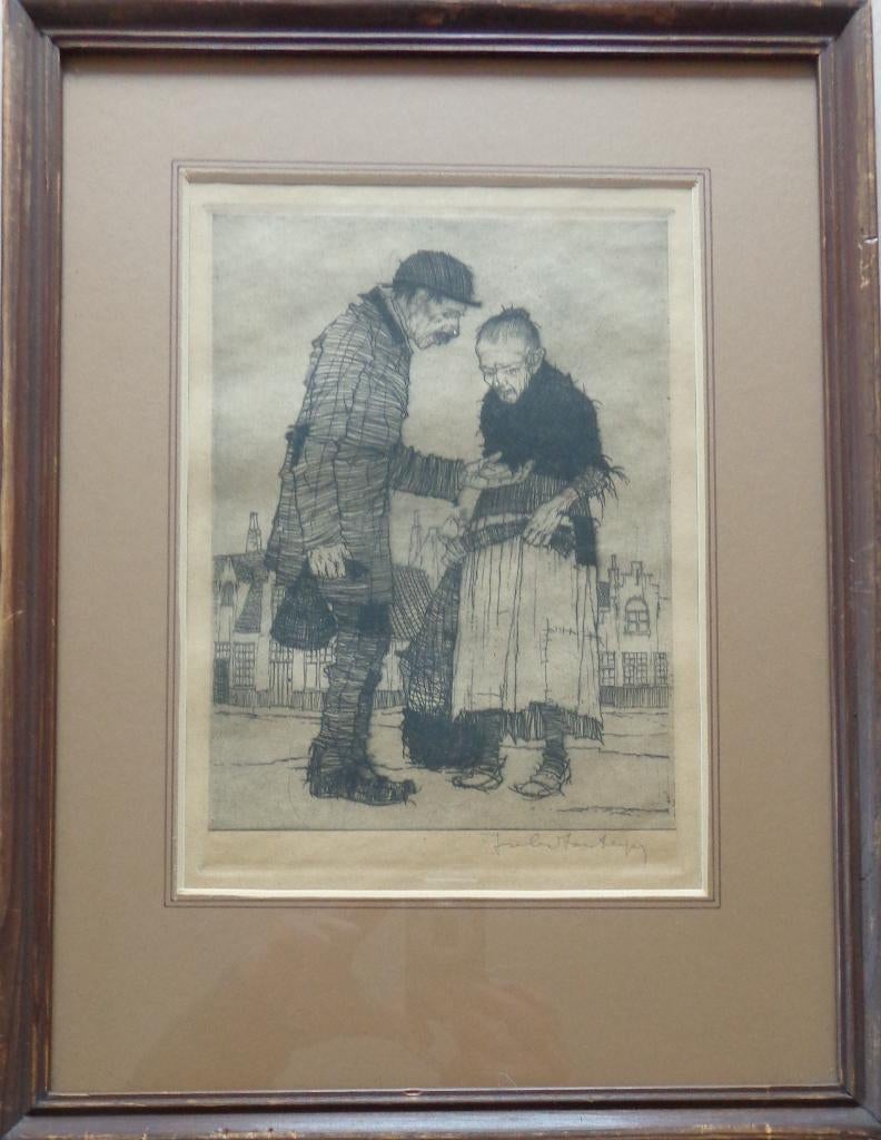 JULES FONTEYNE / OUD KOPPEL / ZW-W ETS / 42x32cm / KADER, Eau-forte, Enlèvement ou Envoi, Signé, Vie quotidienne