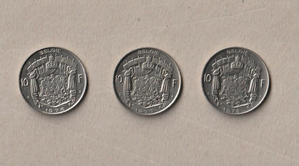 België : 3 (gebruikte) munten van 10 fr. (1976-1977-1978), Ophalen of Verzenden, Setje
