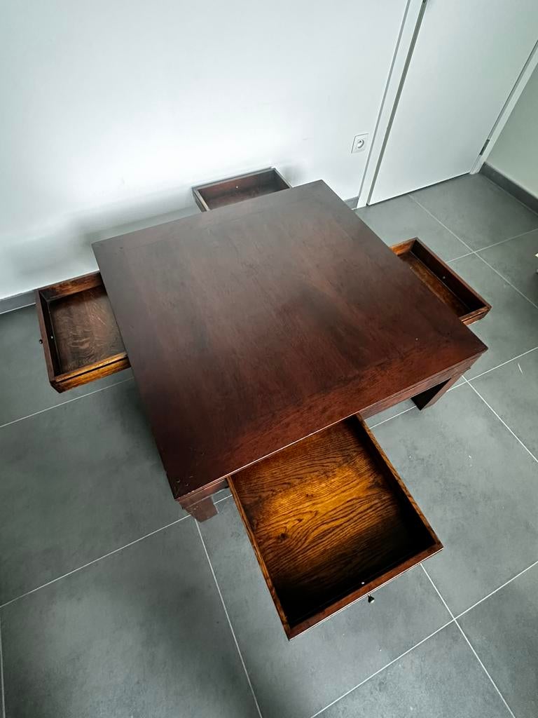 Massief Houten Salontafel – 100x100cm – Met 4 Handige Laden, Antiquités & Art, Enlèvement