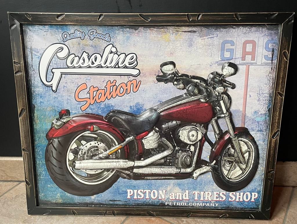 Vintage reto reclame bord gasoline station moto oldtimer, Ophalen of Verzenden, Zo goed als nieuw