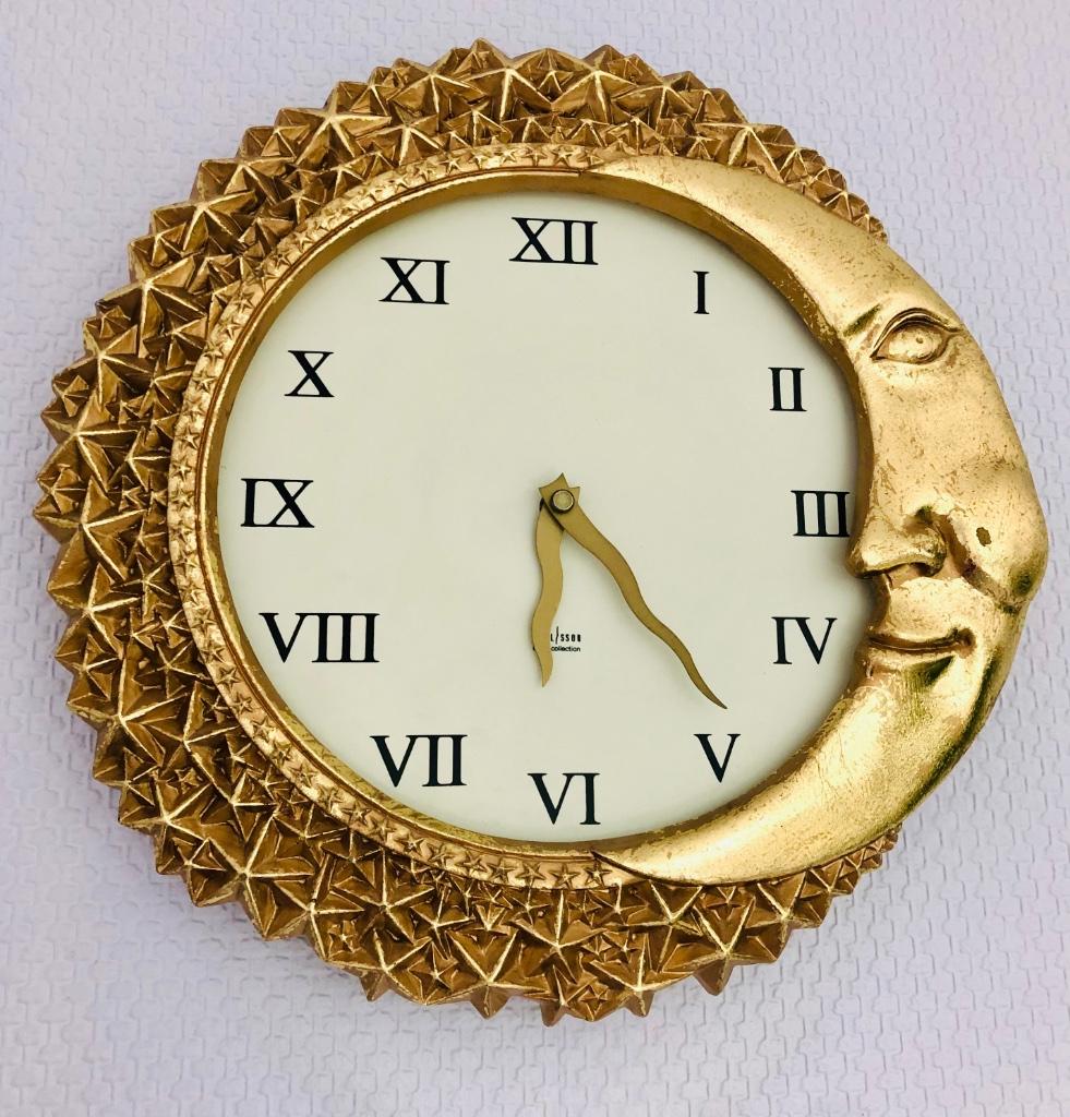 Prachtige Karlsson wandklok goudkleurige zon/maan, Huis en Inrichting, Ophalen, Zo goed als nieuw, Wandklok