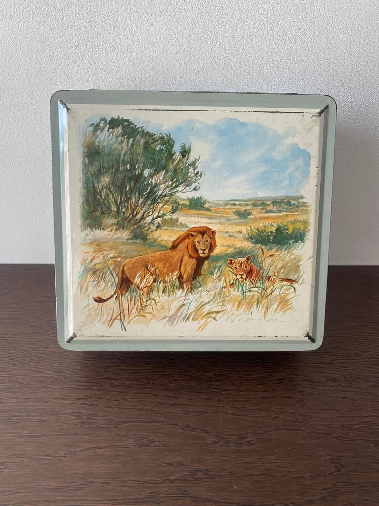 Vintage blikken doos met leeuw van Melle, Verzamelen, Blikken, Ophalen, Zo goed als nieuw