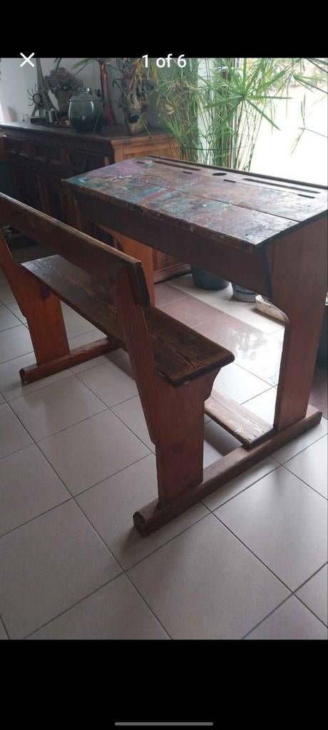 Ancien banc bois ecolier, Antiquités & Art