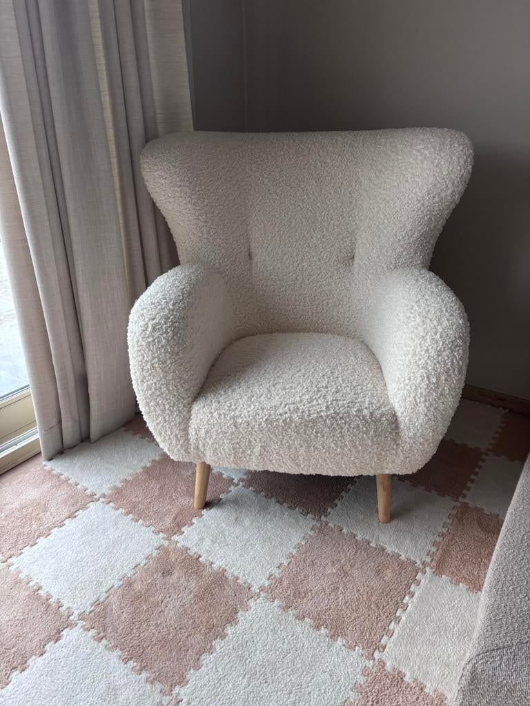 Nieuw zeteltje teddy gebroken wit met naturel eiken poten, Enlèvement, 50 à 75 cm, Tissus, Landelijk knus