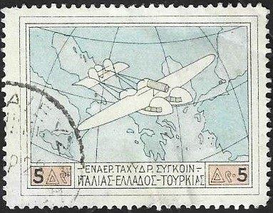 1 Postzegel Griekenland 1926 Watervliegtuig boven landschap, Ophalen of Verzenden, Griekenland, Gestempeld