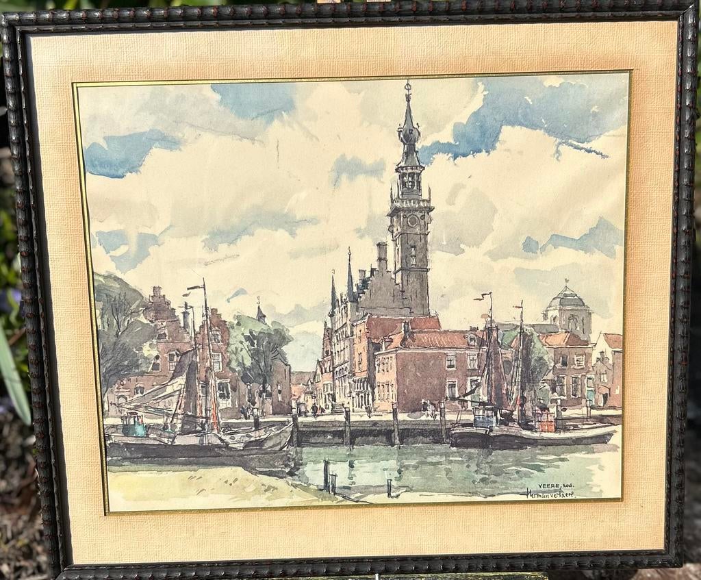 Aquarel Herman Verbaere – Veere havenzicht – Nederland., Antiek en Kunst, Kunst | Schilderijen | Klassiek, Ophalen
