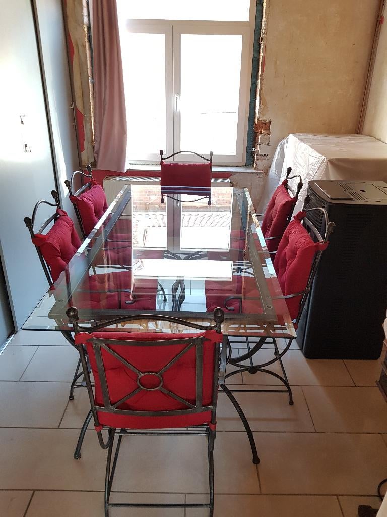 Table en verre et 6 chaises en fer forgé, Maison & Meubles, 150 à 200 cm, Cinq personnes ou plus, Comme neuf, Enlèvement