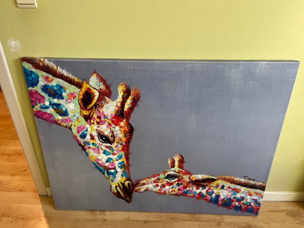 Schilderij giraf met speelse kleuren, Enlèvement