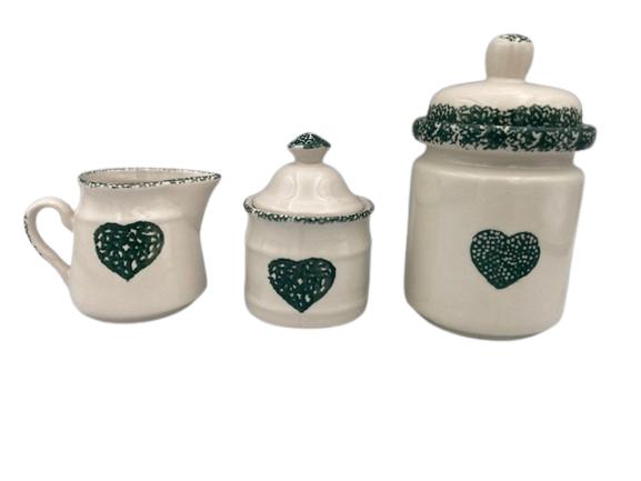 Landelijke koffieset met groene hartjes – 9-delig – keramiek, Gebruikt, -, Keramiek, -