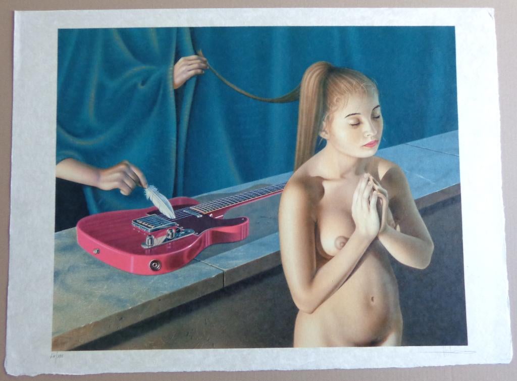 BERNARD MOLDAWAN / NAAKTE VROUW GITAAR / KLEURLITHO 56x76cm, Antiquités & Art, Enlèvement ou Envoi