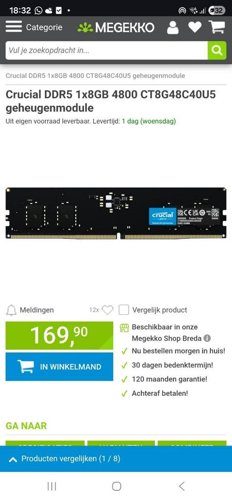 Crucial 2x8 GB DDR5 4800 MHz CL40, Computers en Software, RAM geheugen, Ophalen of Verzenden, Zo goed als nieuw, Desktop, DDR5