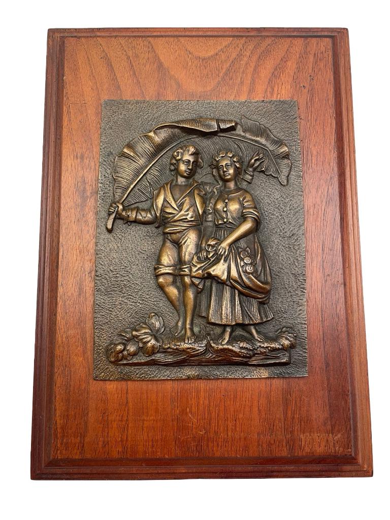Decoratieve bronzen plaquette Landelijke idylle Eind 19e/20e, Ophalen of Verzenden, Brons