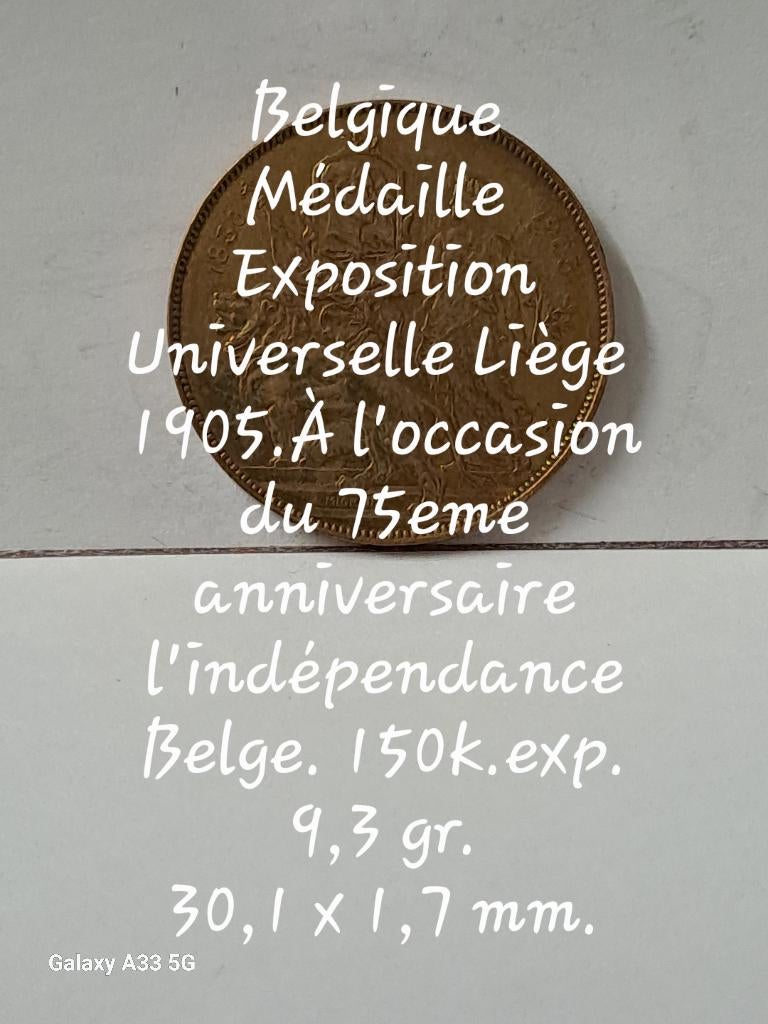 Belgique Médaille Exposition Universelle Liège 1905, Enlèvement ou Envoi, Autres matériaux