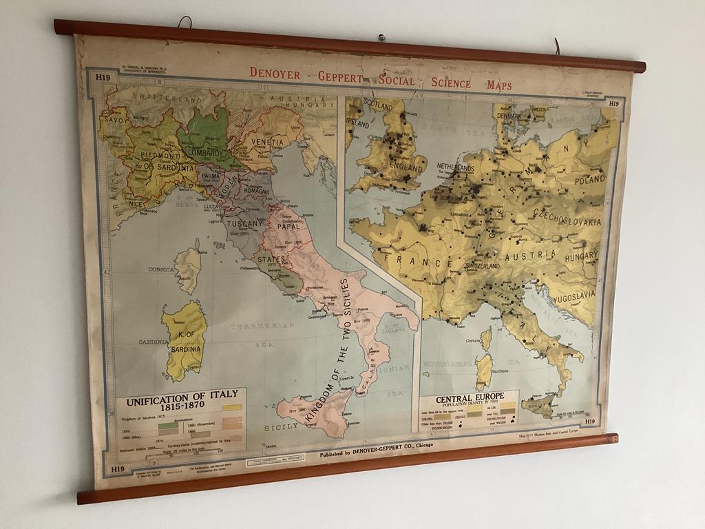 Oude schoolkaart 1930! Modern Italië en Centraal Europa, Ophalen of Verzenden