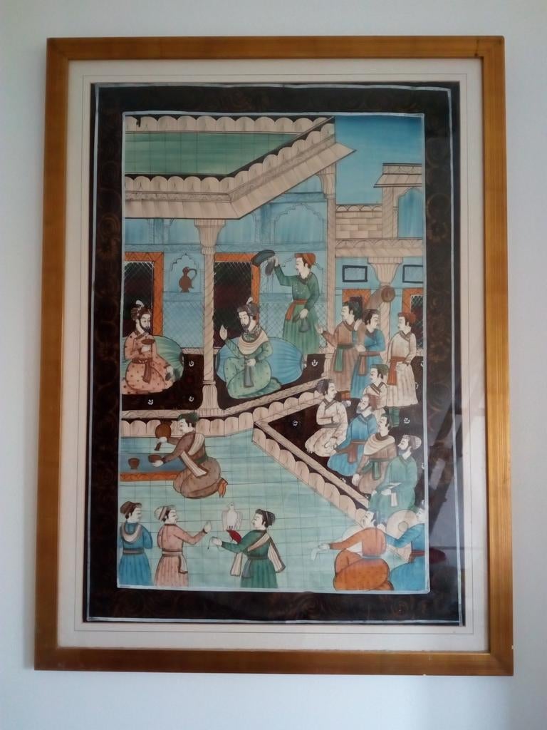 Mughal Indian silk painting in mooi kader, Ophalen