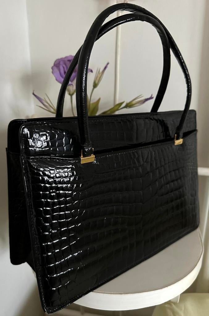 Sac vintage, années 50-60, cuir look croco, marque Areitio, Comme neuf, Noir, Sac à main