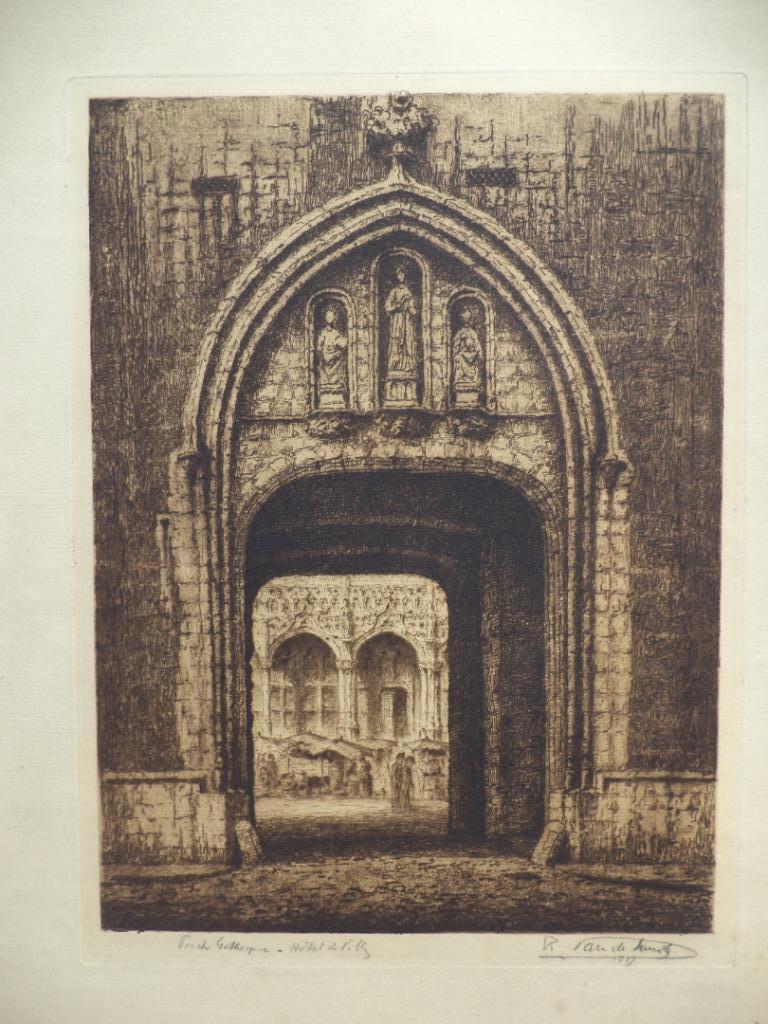 Porche gothique de l'hôtel de ville BXL R. Van de Sande, Antiquités & Art, Art | Eaux-fortes & Gravures, Enlèvement ou Envoi