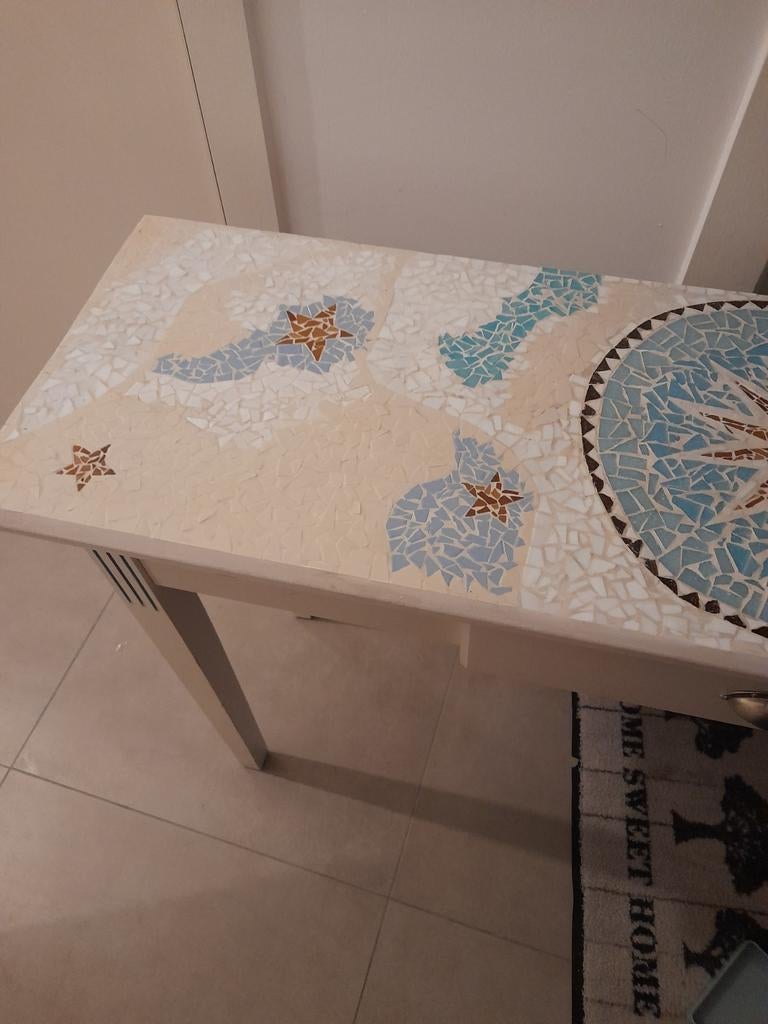 Table déco mozaique  chaise assortie 120cm lg 73 ht 35 large, Maison & Meubles, Enlèvement, Utilisé