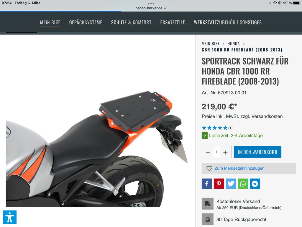 PLAQUE À BAGAGES CBR1000RR SP, Motos, Pièces | Honda, Enlèvement ou Envoi, Utilisé