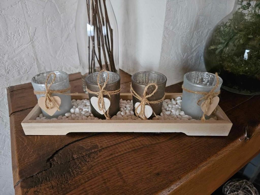 Lot décoration plateau + 4 photophores + petits cailloux, Gris, Enlèvement ou Envoi, Comme neuf, Bois