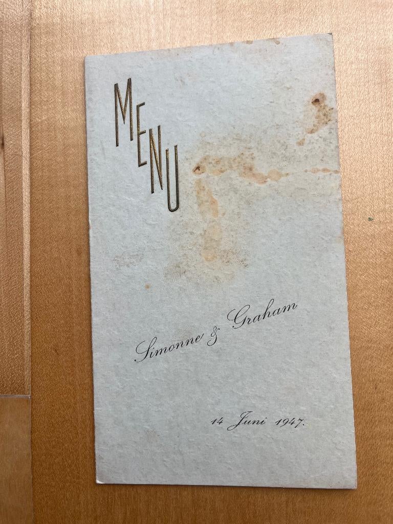 Menukaart huwelijk Gray Croucher -Rikske en Fikske -1947, Boeken, Verzenden, Gray