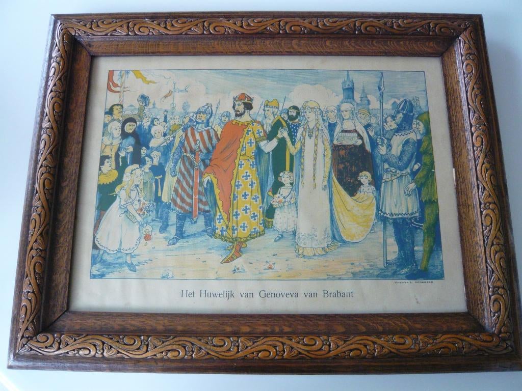 Eiken kader met prent : Huwelijk van Genoveva van Brabant, Antiek en Kunst, Curiosa en Brocante, Ophalen