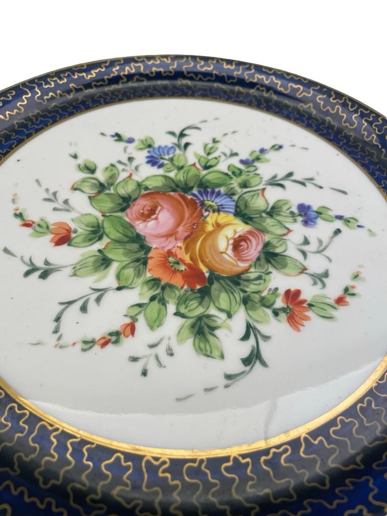 Assiette porcelaine décor floral bord bleu cobalt doré 22 cm, Enlèvement ou Envoi