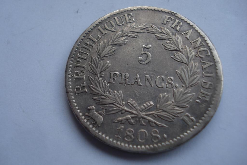 5 FRANCS 1808 B ROUEN ARGENT 900‰ NAPOLEON TETE LAUREE, Enlèvement ou Envoi, France, Monnaie en vrac, Argent