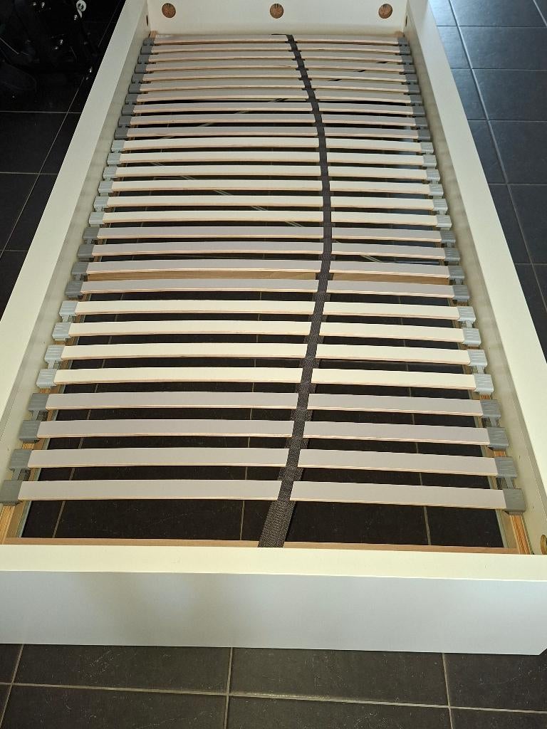MALM Ikea Bed, hoog, wit, 90x200 cm, incl Matras lattenbodem, Ophalen, 90 cm, Wit, 200 cm