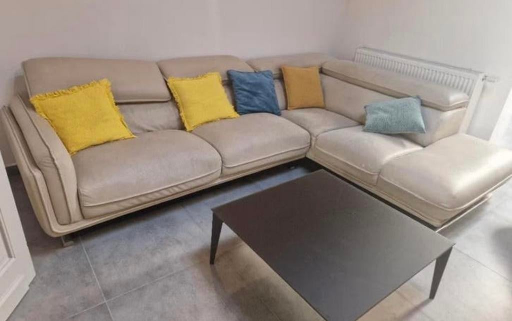 Beige hoekzetel met chaise longue incl. bezorging, Huis en Inrichting, Ophalen, Gebruikt