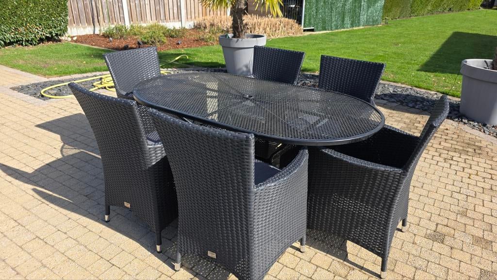 Tuintafel met 6 stoelen en bijhorende kussens, Enlèvement