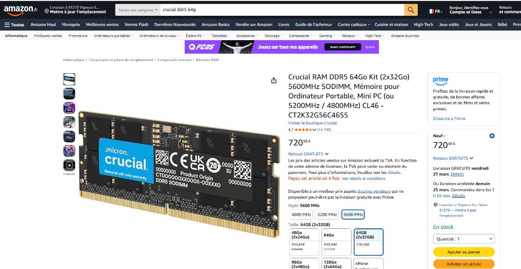 Mémoire RAM DDR5 Crucial PRO – 64 Go (232 Go) – 5600 MHz, Informatique & Logiciels, Neuf, Enlèvement ou Envoi, DDR5, 64 GB