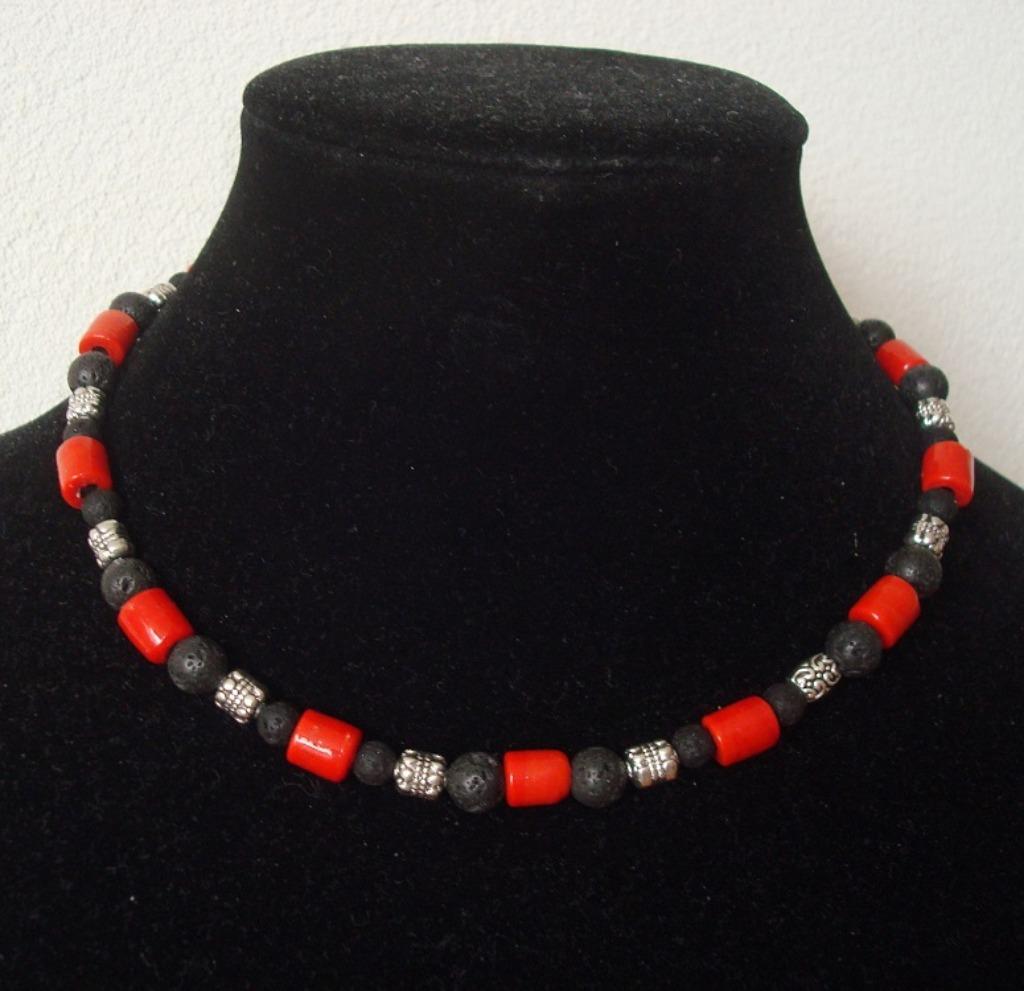 Ketting van lava en rode steen, Handtassen en Accessoires, Kettingen, Nieuw, Steen of Mineraal, Rood, Verstelbaar, Verzenden