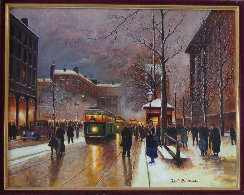 RENE SWENTERS / MENSEN IN DE STAD / OLIEVERF / 53x63cm KADER, Ophalen of Verzenden