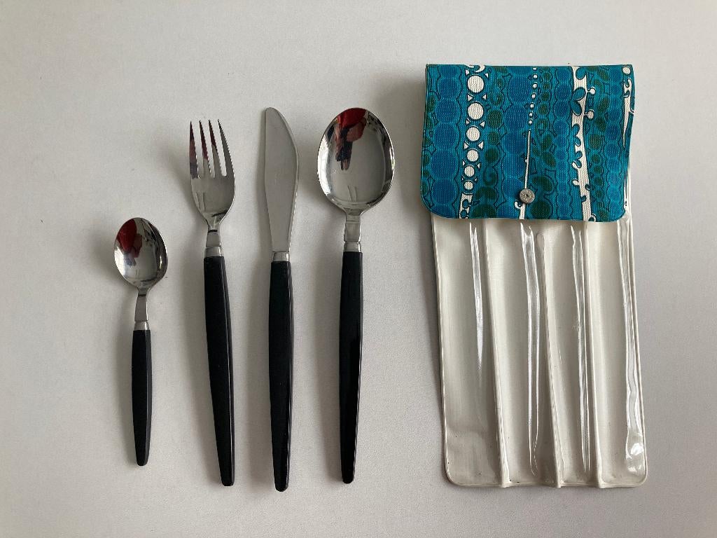 Couverts de camping vintage un étui en plastique (vert, bleu, Enlèvement ou Envoi