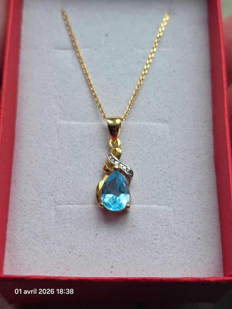 Vergulde hanger van sterling zilver met blauwe topaas, Handtassen en Accessoires, Kettinghangers, Nieuw, Zilver, Geel, Met edelsteen