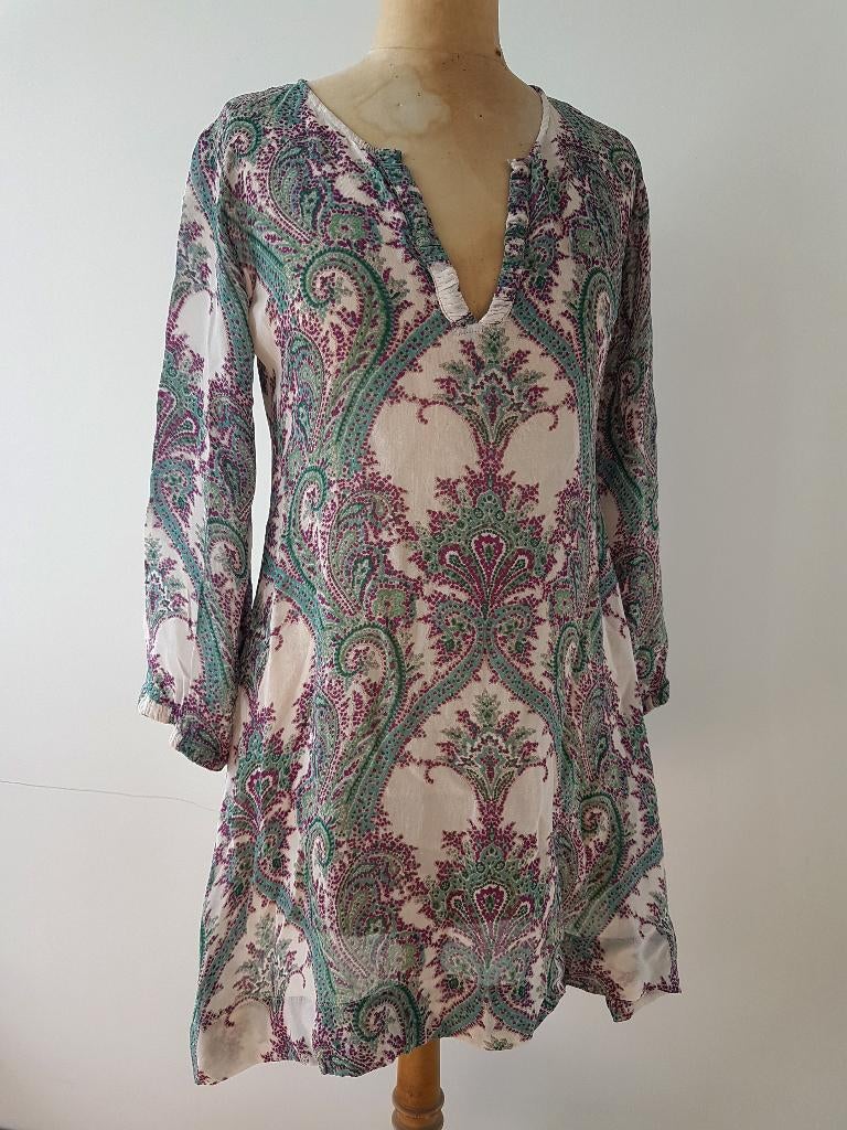 THE MASAI -Blouse/tunique motifs verts et violet - T.S, The Masai, Enlèvement ou Envoi, Taille 36 (S), Porté