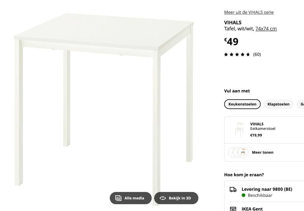 Vihals (ikea) tafel - nieuw gemonteerd, Ophalen, 50 tot 100 cm, Vierkant, Tot twee personen