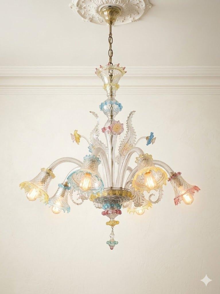 Exceptionnel Lustre de Murano  – Verre Soufflé Main – 6 Bras, Antiek en Kunst, Ophalen