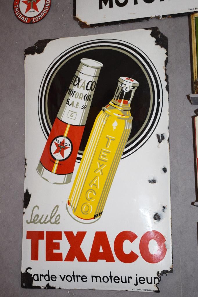Zeldzame emaillebord Texaco uit 1930 conische olie blik, Verzamelen, Merken en Reclamevoorwerpen, Ophalen of Verzenden, Gebruikt