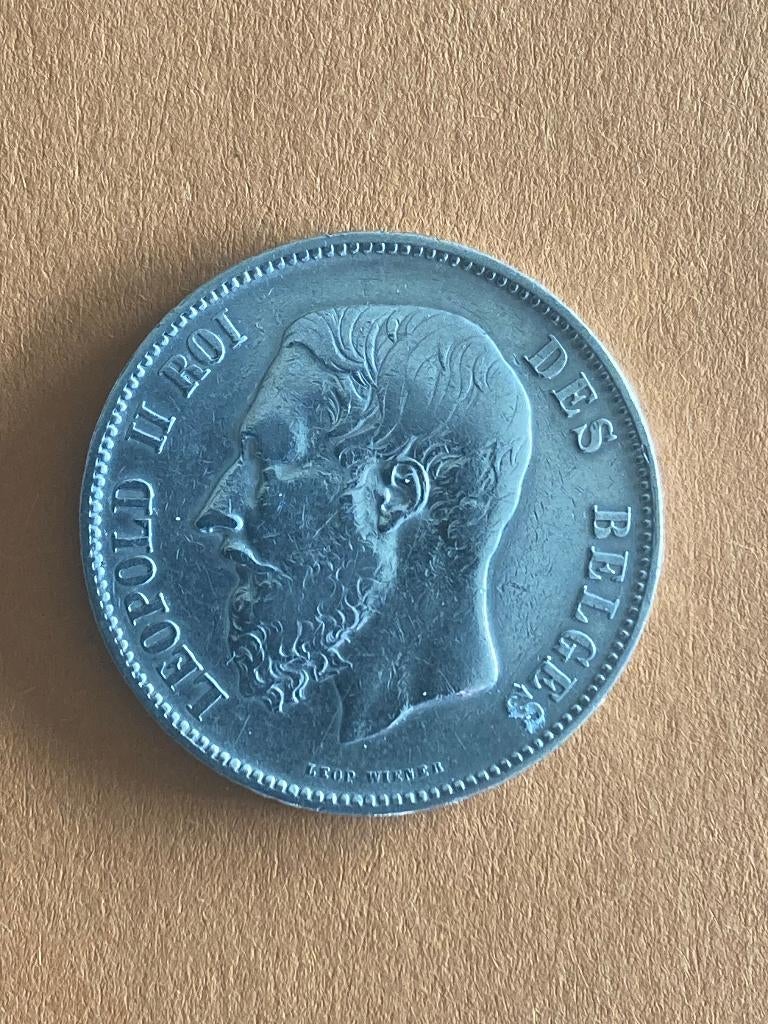 Zilvermunt Leopold II, Postzegels en Munten, Ophalen of Verzenden, België, Losse munt, Zilver