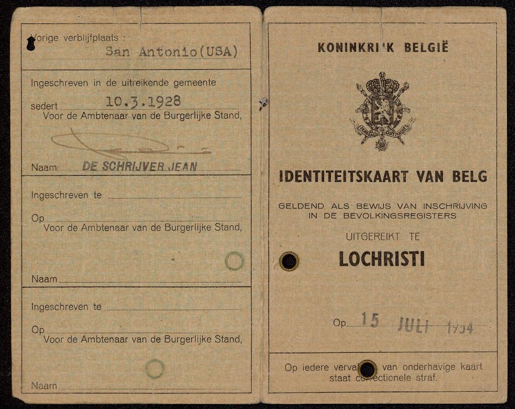 carte d'identité  identiteitskaart LOCHRISTI  1954 Belgie, Enlèvement ou Envoi