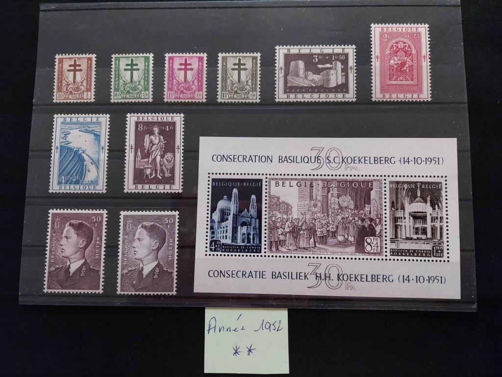 Timbres Belgique/Année 1952 complète** (3 photos), Non oblitéré, Gomme originale, Envoi, Neuf