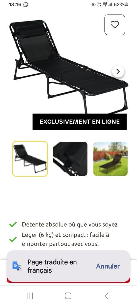 Transat noir, Jardin & Terrasse, Chaises longues, Enlèvement, Comme neuf, Réglable