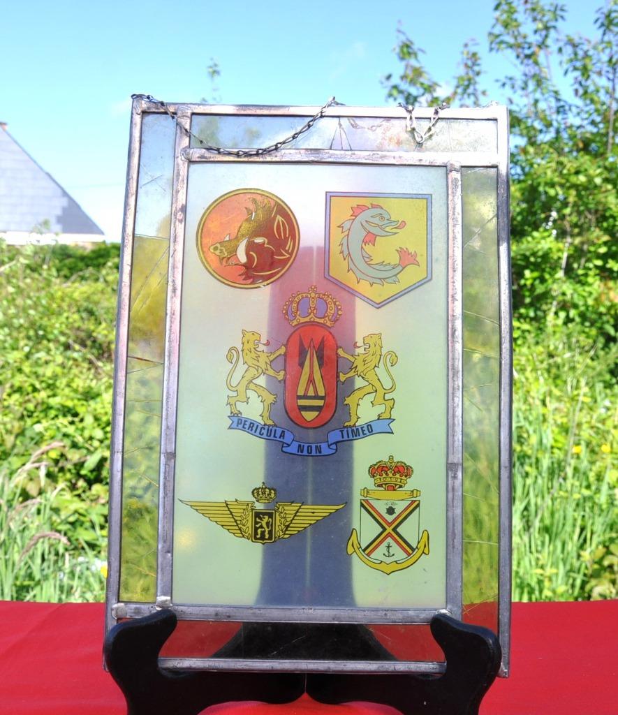 vitrail avec 5 insignes de bases militaire belge, Collections, Enlèvement ou Envoi, Autres, Emblème ou Badge