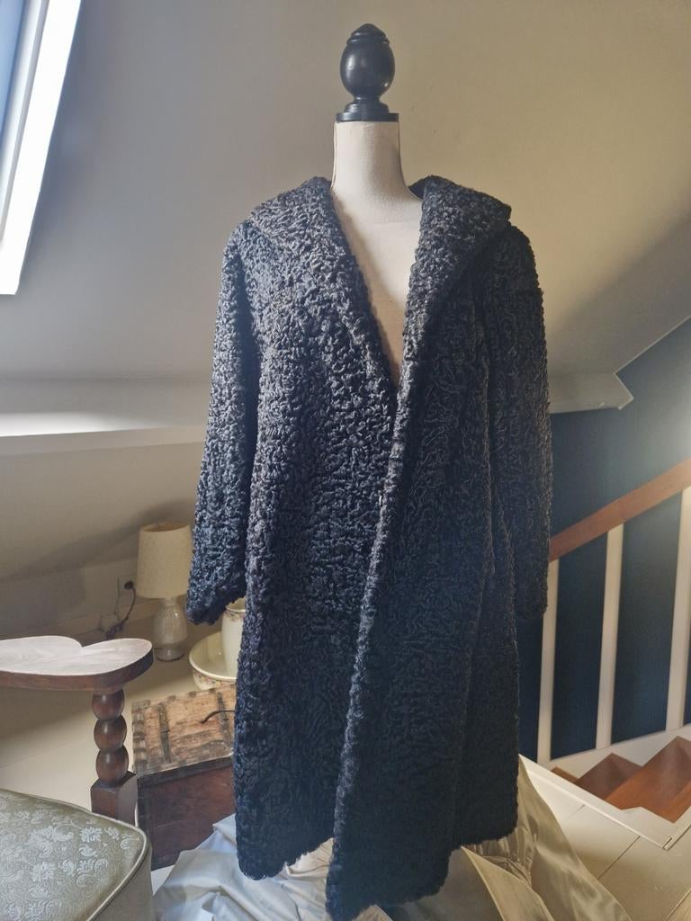 Vintage astrakan bontjas - lang, Ophalen, Maat 42/44 (L), Zwart
